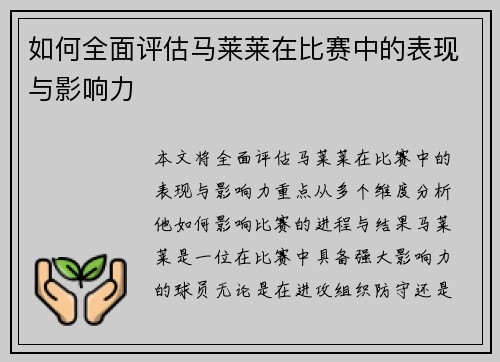 如何全面评估马莱莱在比赛中的表现与影响力
