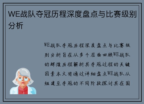 WE战队夺冠历程深度盘点与比赛级别分析