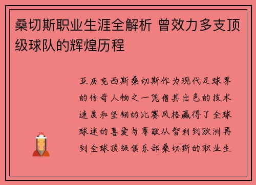 桑切斯职业生涯全解析 曾效力多支顶级球队的辉煌历程